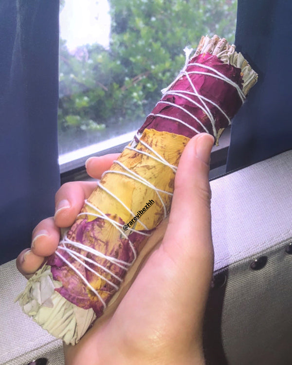  (1) California White Sage and Rose Petal Smudge Sticks, Approx. 7.5" long.  The smudges have red, purple, and yellow rose petals all around the smudge stick.